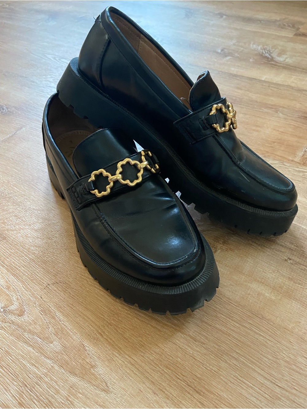 Sam & Libby Black Leather Lug Sole Loafers with Gold Chain Accent
